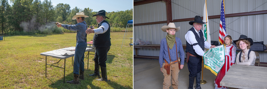 Child wearing a cowboy hat and shooting a gun while a person, also wearing a cowboy hat stands close behind him; the same child on the left of a group of children smiling as the same person from the shooting range holds a green and white 4-H banner.