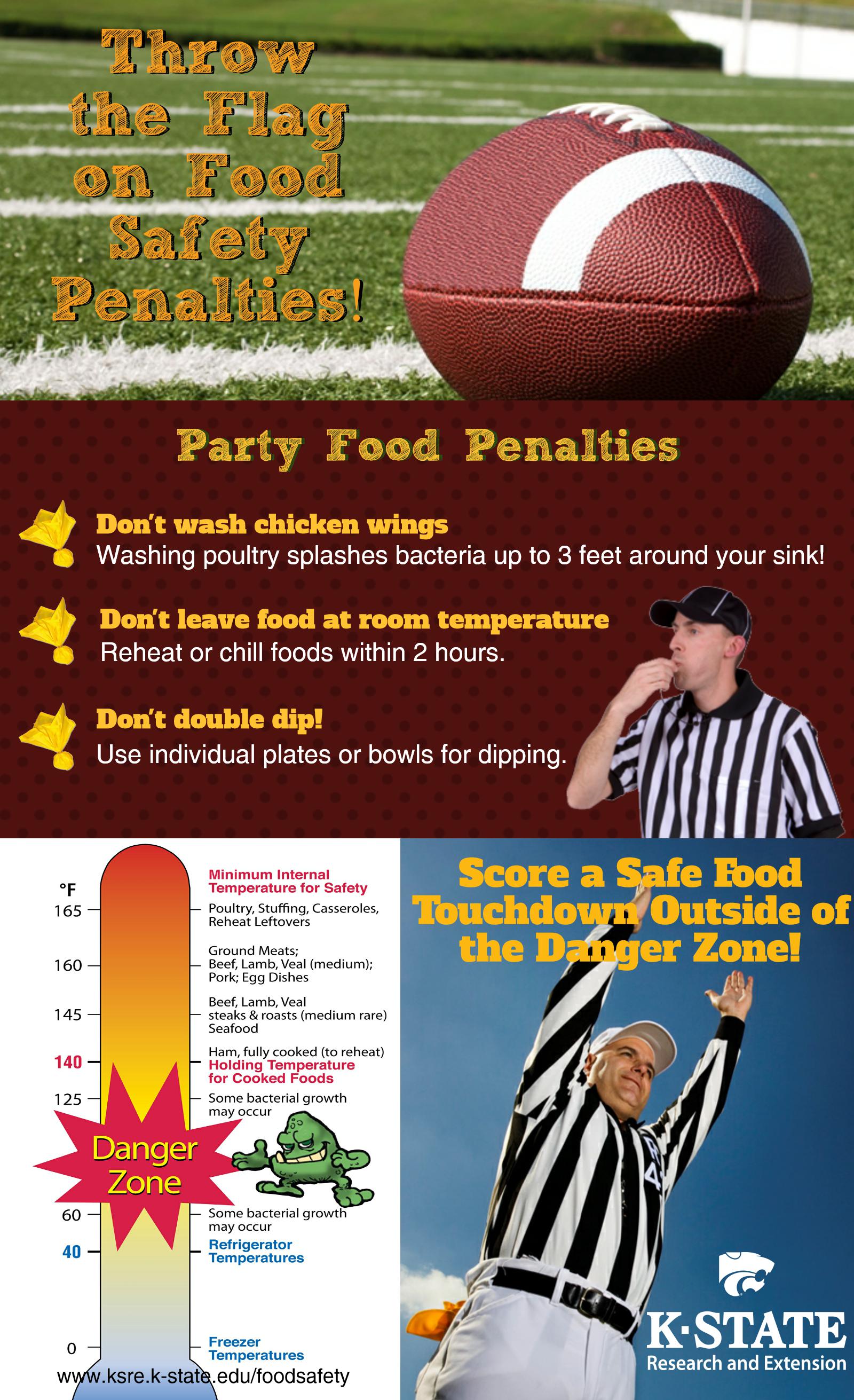 A football referee in a black and white striped shirt blows a whistle while another raises his arms to signal a touchdown. These photos illustrate food safety tips appropriate for Superbowl parties. Another illustration uses a thermometer to depict the proper freezing, refrigeration, cooking and holding temperatures for food.