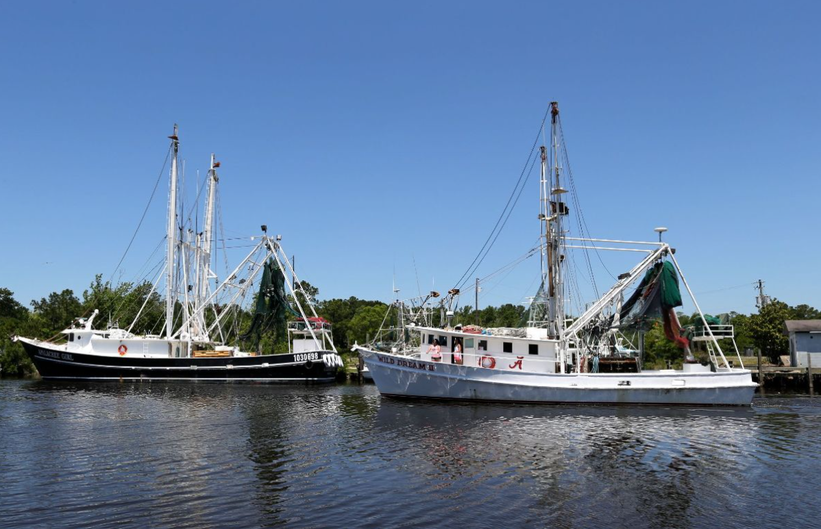 Two boats docked in a body of water.