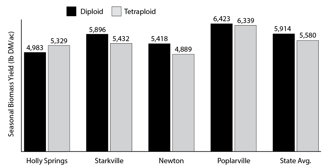 Seasonal biomass yield (pounds dry matter per acre) of diploid and tetraploid ryegrass varieties from different locations in Mississippi as follows:Holly Springs: Diploid, 4,983;Tetraploid, 5,329Starkville: Diploid, 5,896;Tetraploid, 5,432Newton: Diploid, 5,418;Tetraploid, 4,889Poplarville: Diploid, 6,423; Tetraploid, 6,339State Average: Diploid, 5,914; Tetraploid: 5,580