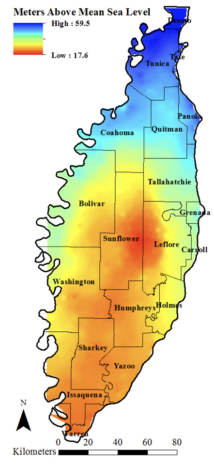 Map of the Mississippi Delta showing ground water levels: the highest levels are in the north, while the lowest are in the center and south.