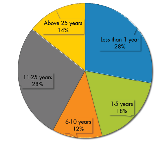 New jobs created by establishment's age group: above 25 years, 14%; 11-25 years, 28%; 6-10 years, 12%; 1-5 years, 18%; less than 1 year, 28%.