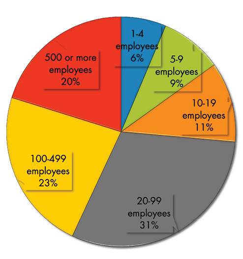 Share of job support by size group: 500 or more employees, 20%; 100-499 employees, 23%; 20-99 employees, 31%; 10-19 employees, 11%; 5-9 employees, 9%; 1-4 employees, 6%.