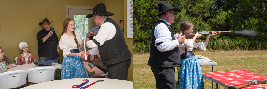 Child accepting a medal from a person wearing a cowboy hat; the same child shooting a gun while the same man stands near her, offering direction.