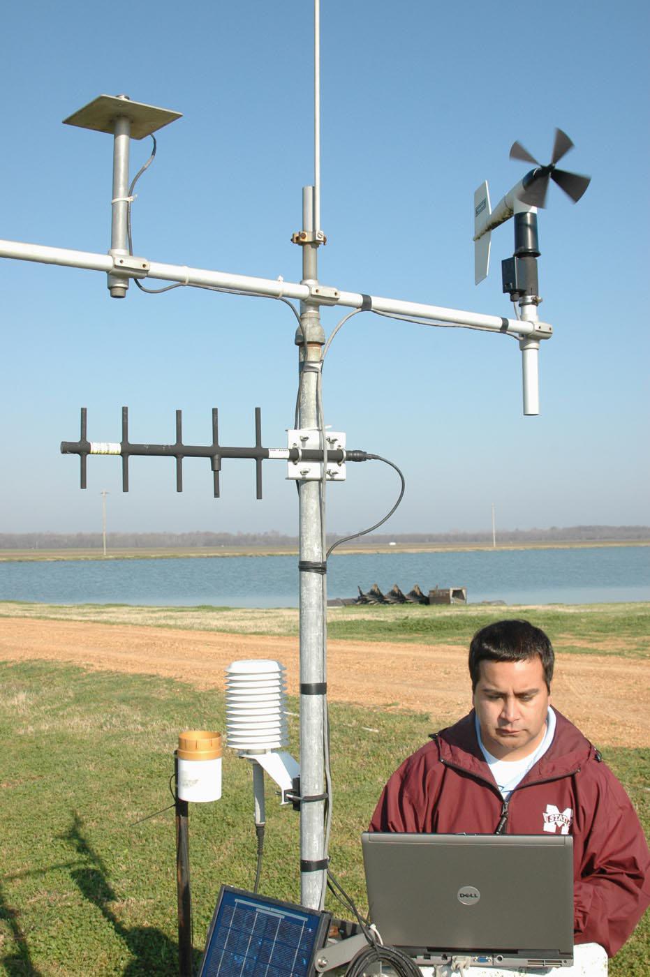 Mark Silva, an Extension associate with the Delta Agriculture Weather Center, checks catfish pond water temperatures. (Photo/ Robert H. Wells)