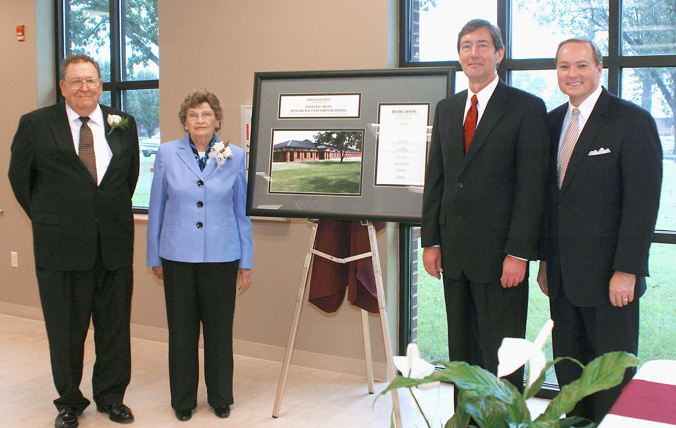 Verner G. Hurt, from left, and his wife, Norma, join Mississippi State University Vice President Greg Bohach and MSU President Mark Keenum at the Aug. 30 dedication of the Verner G. Hurt Research and Extension Building in Stoneville. The new building provides more than 19,000 square feet for offices and research. (Photo by MSU Delta Research and Extension Center/Rebekah Ray)