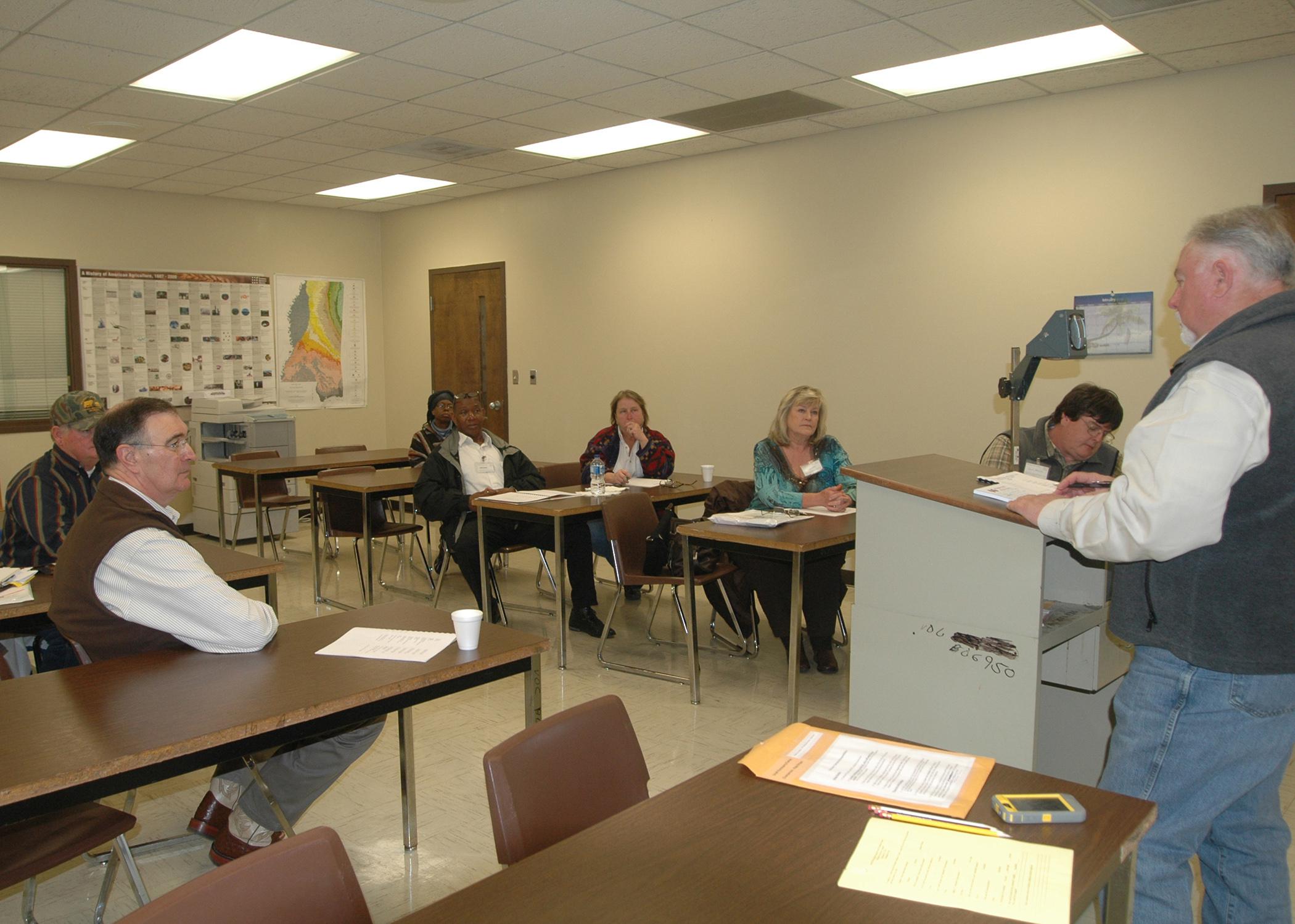 Kipp Brown, area meat goat agent in the Carroll County Extension Service office, led the small ruminant and swine commodity group's discussion during the Producer Advisory Council meeting Feb. 26 at Mississippi State University's Central Research and Extension Center. Nine commodity groups were represented at the meeting. (Photo by MSU Ag Communications/Susan Collins-Smith)