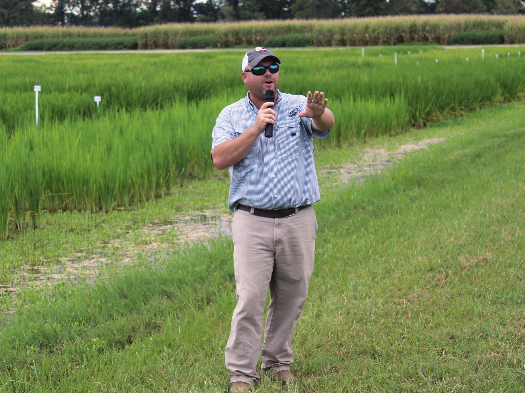 Bobby Golden, a rice and soil fertility agronomist with the Mississippi State University Extension Service, speaks to attendees of the MSU Delta Research and Extension Center Rice Producer Field Day in Stoneville, Mississippi, on Aug. 2, 2017. (Photo by MSU Extension Service/Kenner Patton)