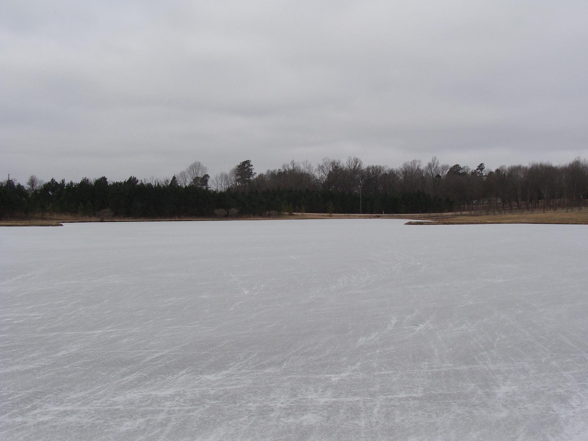 Ice covers a large pond with trees on the far side.