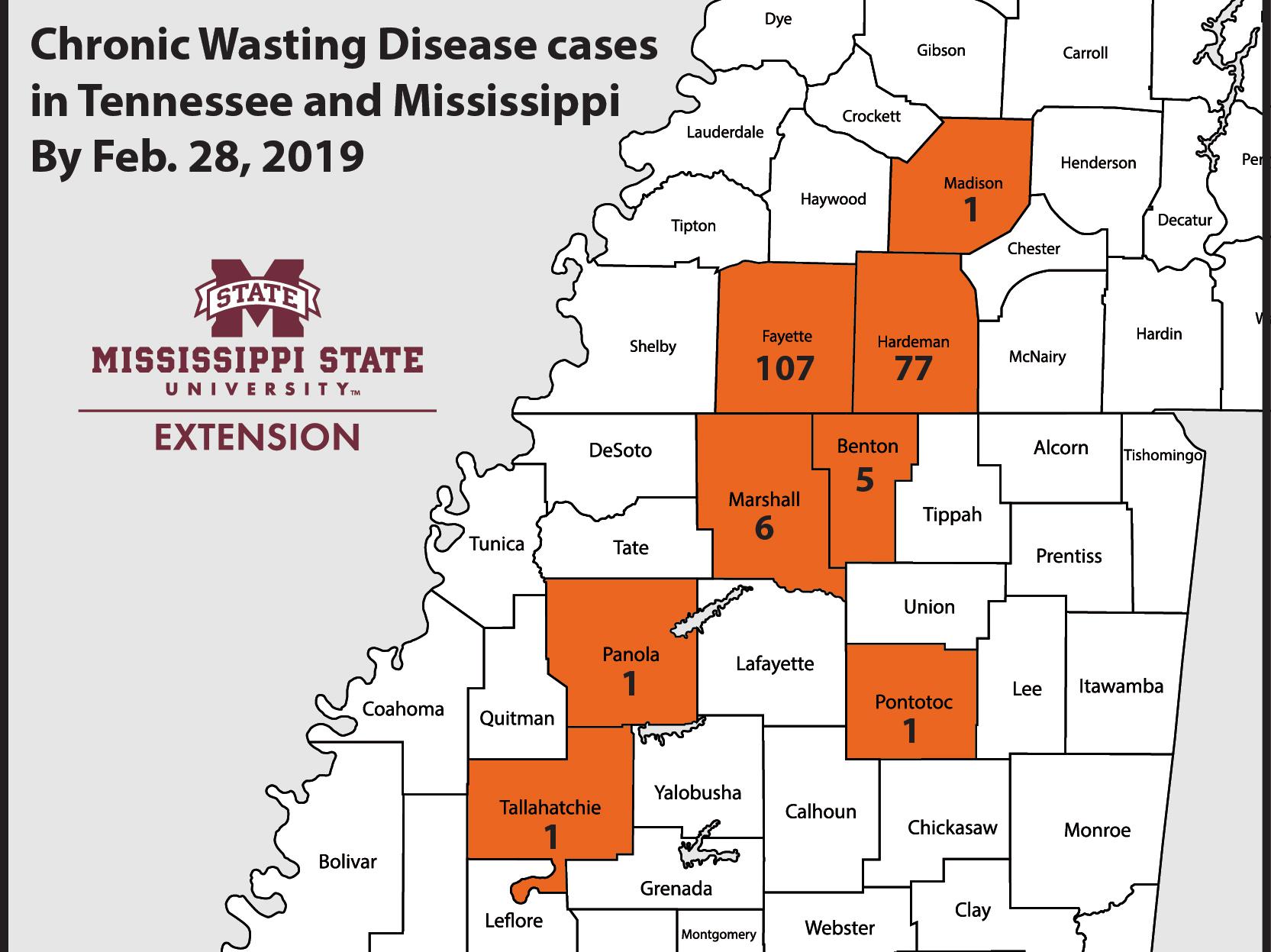 Regional map of Mississippi and Tennessee counties with cases of chronic wasting disease.