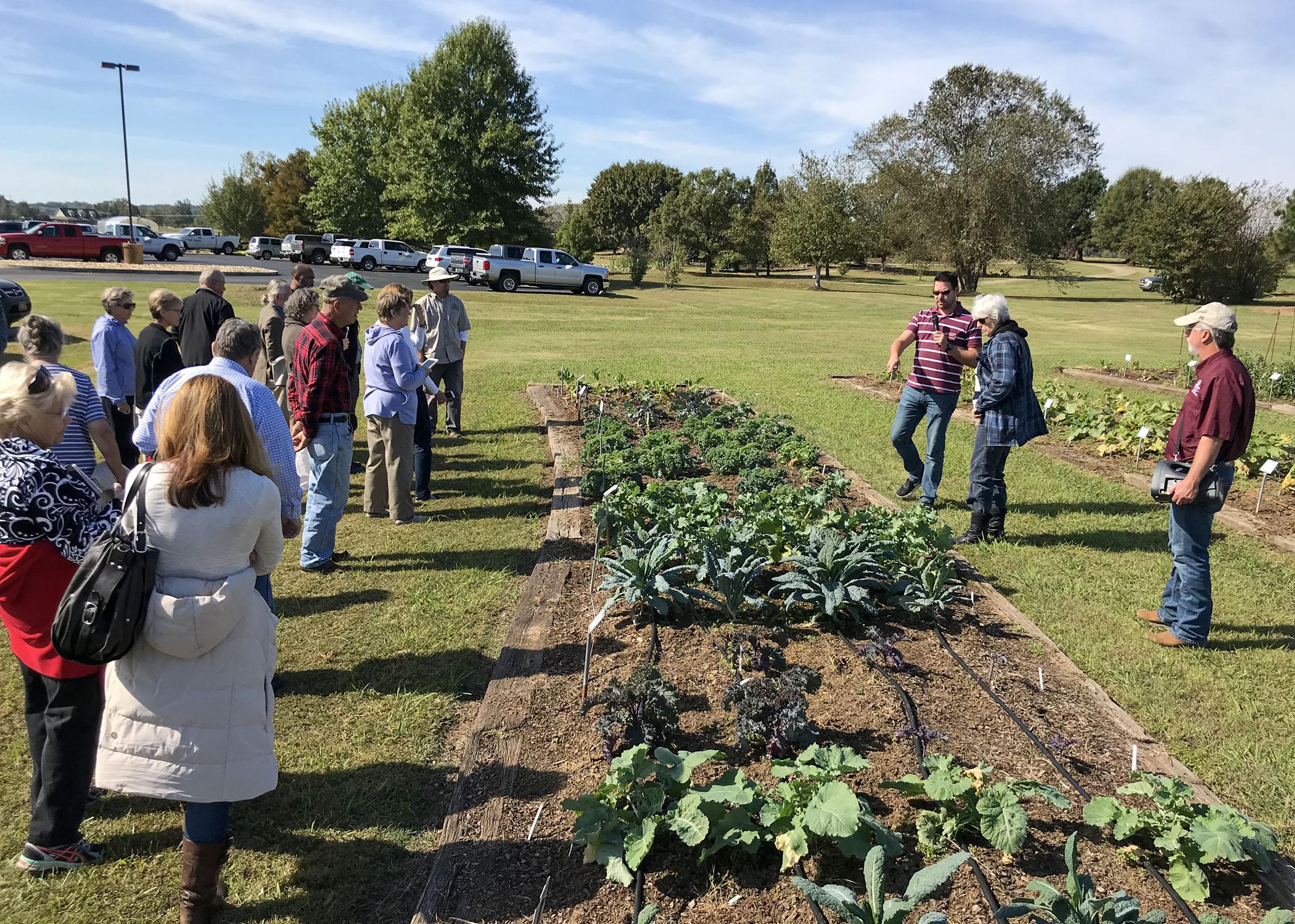 People look at plants in a garden.