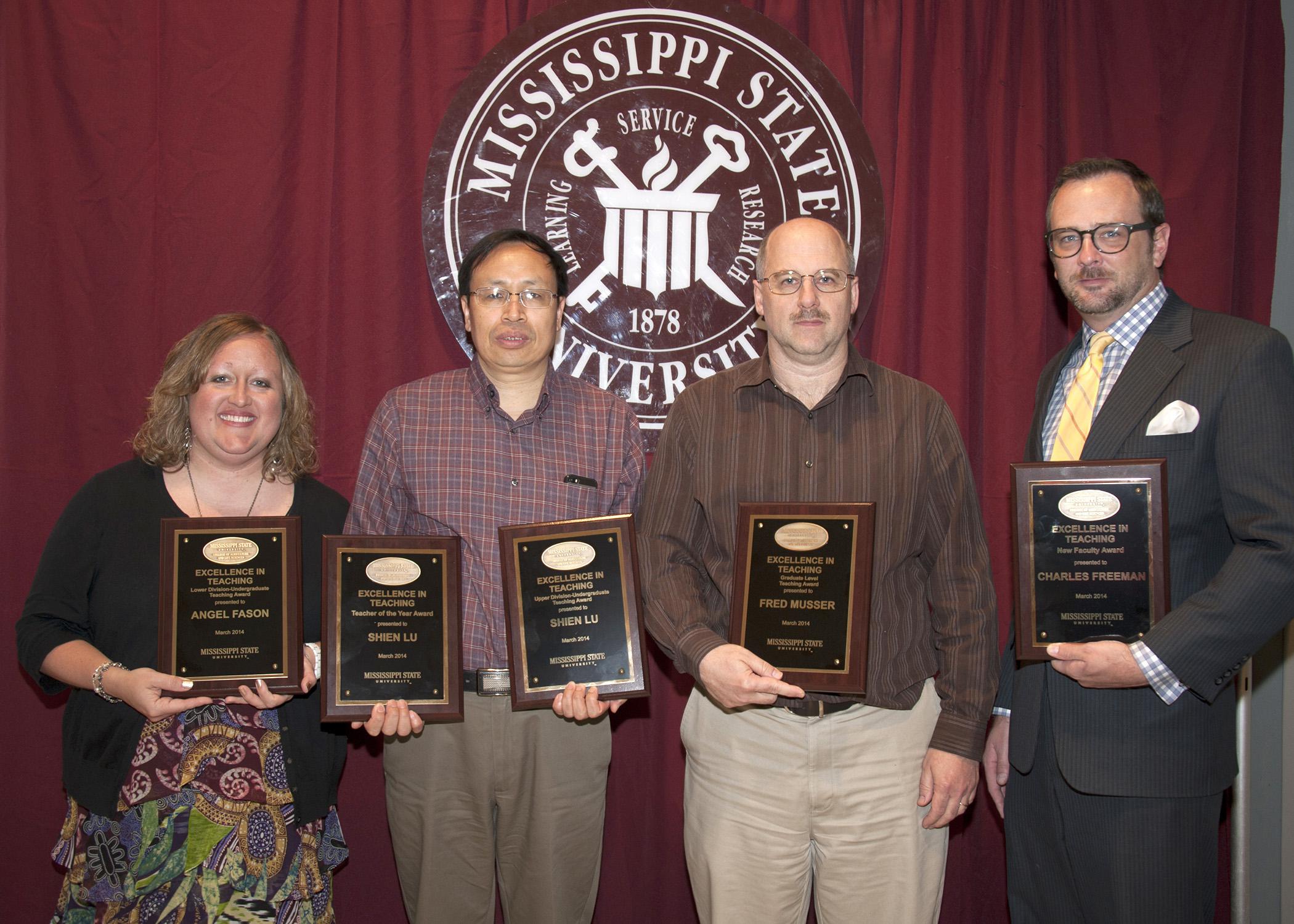 Mississippi State University’s College of Agriculture and Life Sciences honored four faculty members as exemplary teachers during a recent ceremony. From left are Angel Fason, Shien Lu, Fred Musser and Charles Freeman. (Photo by MSU Ag Communications/Kat Lawrence)