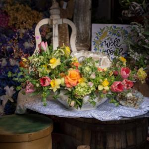 A colorful bouquet of flowers on a table.