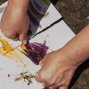 Two hands using leaves and berries to smash color into a canvas.