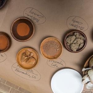 On a table, bowls of soil and rocks from different Mississippi locations, including Grenada Lake and Quitman, Noxubee, and Panola Counties, as well as one bowl from Alexandria, Louisiana.