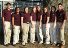 Two undergraduate student teams from Mississippi State University with an interest in muscle foods placed first and second in the recent American Meat Science Association Intercollegiate Quiz Bowl. Participants included, from left, Jonathan Greene of Birmingham, Tribetta Spires of Jackson, Jenny Heath of Memphis, and alternate Becca Stiles of West Helena, Ark.; team coach and muscle foods graduate student Shollie Behrends; and Megan Bullard of Southaven; Emily Irwin of Carrollton, and Joe Buntyn of Union. P