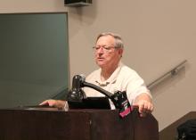 Retired Mississippi State University professor and MSU Extension Service bee specialist Clarence Collison discusses beekeeping challenges, including diseases and "zombie bees," at a beekeeping conference held at MSU on Oct. 26 and 27, 2012. (Photo by MSU Ag Communications/Keri Collins Lewis)