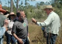 Louisiana botanist Charles Allen gives field walk participants an up-close look at the insects captured by a pitcher plant. The April 6 field walk followed Allen's lecture on edible and useful plants of the Gulf South and was co-sponsored by Mississippi State University's Crosby Arboretum and Longue Vue House and Gardens in New Orleans. (Photo by MSU Ag Communications/Susan Collins-Smith)