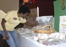Warren County Master Gardener Yolanda Horne checks on worms living in a plastic bin on June 13, 2017. The worms were part of an exhibit on composting at the Know Your Roots: Grow Your Business workshop in Vicksburg, Mississippi. (Photo by MSU Extension Service/Bonnie Coblentz)