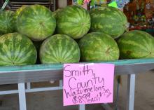 Consumers can find Mississippi-grown watermelons for their summer celebrations at stores and markets across the state, including these at the Byram Farmers Market in Byram, Mississippi, on June 27, 2017. (Photo by MSU Extension Service/Susan Collins-Smith)