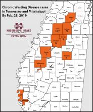 Regional map of Mississippi and Tennessee counties with cases of chronic wasting disease.