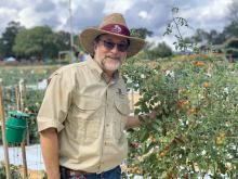 A man in a hat stands next to a bush covered in tomatoes growing inside a wire frame.