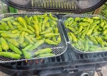 Two wire baskets filled with green peppers rest on the grate of an open grill.