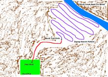 Graphic showing of map a zigzag pattern used to blood trail deer.