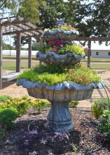 Staff members at the Mississippi State University Truck Crops Experiment Station are working to put together displays such as this flower-filled fountain for the Fall Flower & Garden Fest scheduled for Oct. 16 and 17 at the station. (Photo by MSU Ag Communications/Susan Collins-Smith)