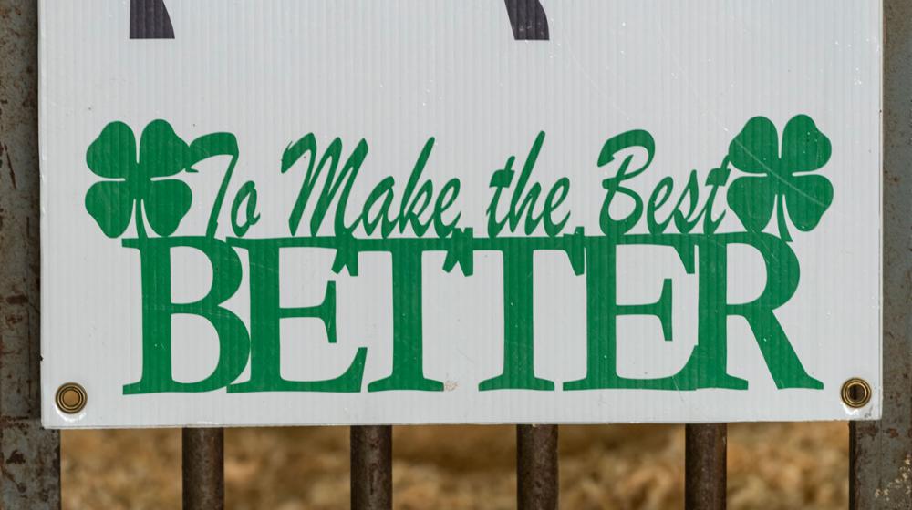 A sign with green text that reads, “To Make the Best BETTER” with 4-leaf clovers on either side.