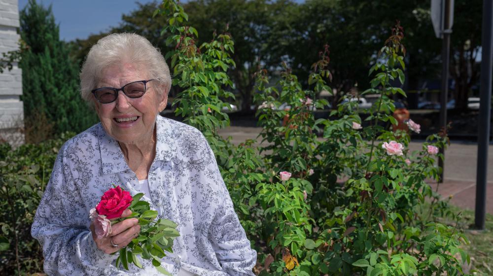  A woman seated among rose bushes, holding roses, and laughing.