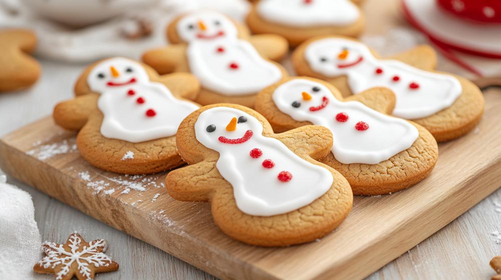 Snowman christmas cookies on wood cutting board