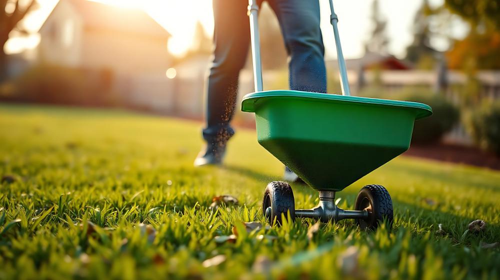 Person applying lime to yard.