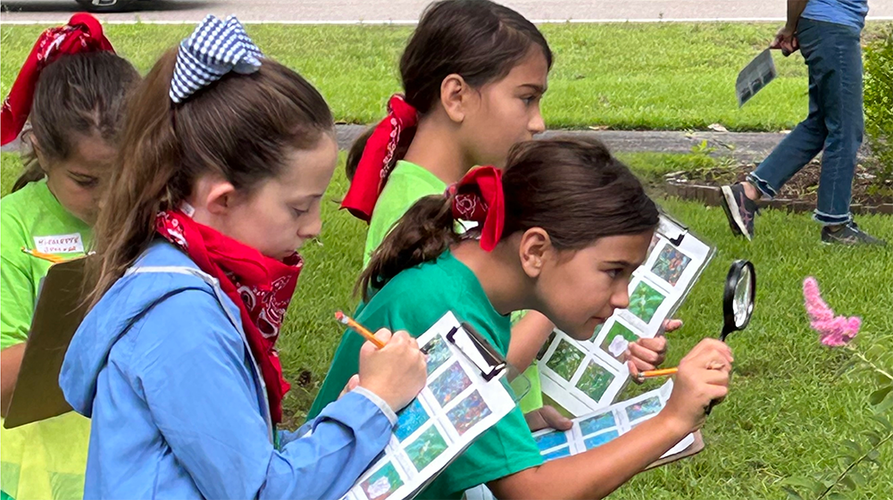 A group of four young girls with work sheets and a magnifying glass examining a flower.