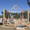 Students in MSU's "Wood in Design and Engineering" course built a 16-by-48-foot building this spring using only timber framing techniques. The once-popular construction method uses individually carved joints that interlock with other members of the frame without using nails or staples. (Photo by MSU College of Forest Resources/Lance Stewart)