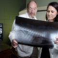 Dr. Andy Shores and Dr. Jennifer Gambino, both with the Mississippi State University College of Veterinary Medicine, examine a patient's MRI. (MSU College of Veterinary Medicine/Tom Thompson)