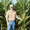 Brien Henry, an associate professor in the Mississippi State University Department of Plant and Soil Sciences, is visiting a research plot on June 19, 2014, at the R.R. Foil Plant Science Research Center, commonly known as North Farm. He is researching the effects of planting date, plant population and hybrid selection on field corn. (Photo by Mississippi Agricultural and Forestry Experiment Station/David Ammon)