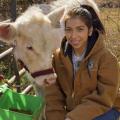 A female teen in a brown 4-H jacket, boots, and jeans squats beside a white cow moving toward its feeder.