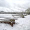 Snow covers a split-rail fence and trees near Mount Locust on the Natchez Trace in Jefferson County, Mississippi on Dec. 8, 2017.