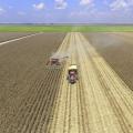 A combine and tractor in the center of a corn field