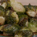 Roasted Brussels sprouts on a serving dish.