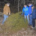 Ben Carr of Ackerman, left, helps his brother Pete, cousin Max Hudson of Louisville and sister Carrie move their grandfather's Christmas tree to the edge of his yard for wildlife cover on Jan. 7, 2015. (Photo by MSU Ag Communications/Kevin Hudson)