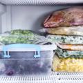 Frozen foods sit in the freezer.