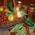 Canned salsa in a basket with other produce