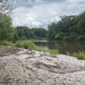 A small river runs through a wooded area with a sand beach.