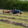 Johnny Howell rakes his last row of hay before moving on to the next field on Aug. 3, 2016, in the Bell Schoolhouse Community north of Starkville, Mississippi. The state’s hay production is projected to fall slightly this year, as growers face heat-induced infestations of fall armyworms. (Photo by MSU Extension Service/Linda Breazeale)