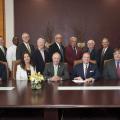 Participants in the Jimmy Bryan 4-H Youth Complex deed transfer ceremony on May 17, 2016, include (front row, from left) Tommy and Brenda Howard, 4-H donors; Harry Dendy, chair of the 4-H Club Foundation of Mississippi; Dr. Mark Keenum, president of Mississippi State University; and Dr. Gary Jackson, director of the MSU Extension Service; and (back row, from left) Dr. Paula Threadgill, associate Extension director; Jud Skelton, director of development for the MSU Foundation; Larry Alexander, 4-H state coord