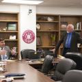 H.E. Bakhtiyar Gulyamov, left, speaks during a meeting with Bill Herndon, associate vice president of the Mississippi State University Division of Agriculture, Forestry and Veterinary Medicine April 15, 2015. Gulyamov is Ambassador Extraordinary and Plenipotentiary of the Republic of Uzbekistan to the United States. (Photo by MSU Extension Service/Kat Lawrence)