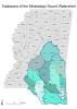 A map of the state of Mississippi with subbasins of the Mississippi Sound watershed highlighted in various shades of blue.